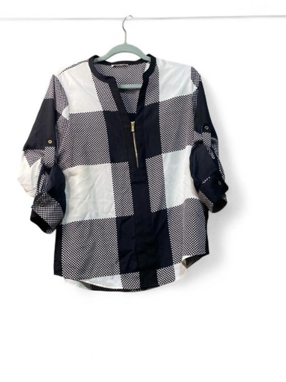 Calvin Klein Black White Geometric Half Zip Blouse